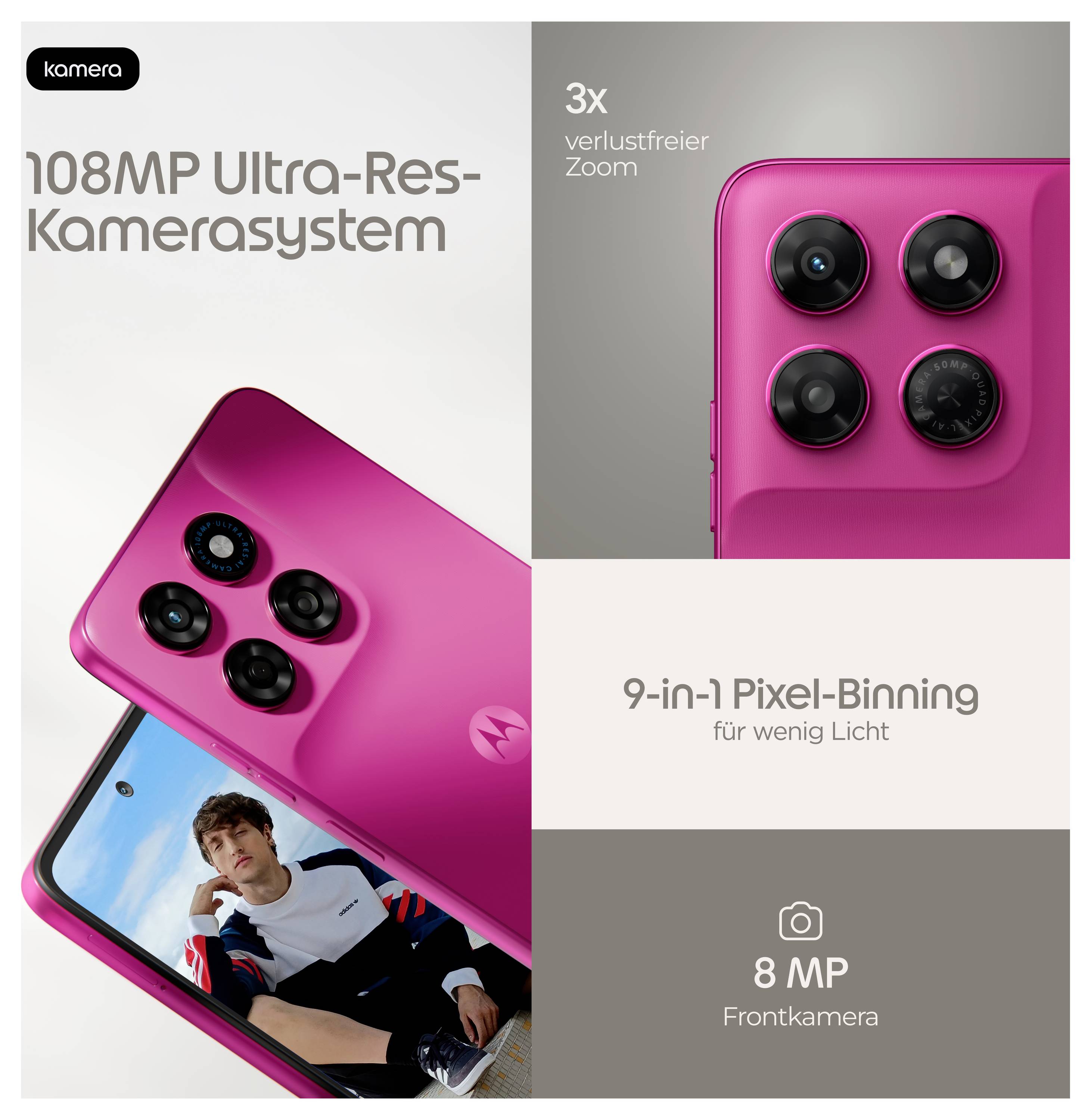 Reklamgrafik för ett rosa smartphonekamerasystem som framhäver 108MP ultrahög upplösning, 3x förlustfri zoom, 9-i-1 pixelbinning och 8MP främre kamera.