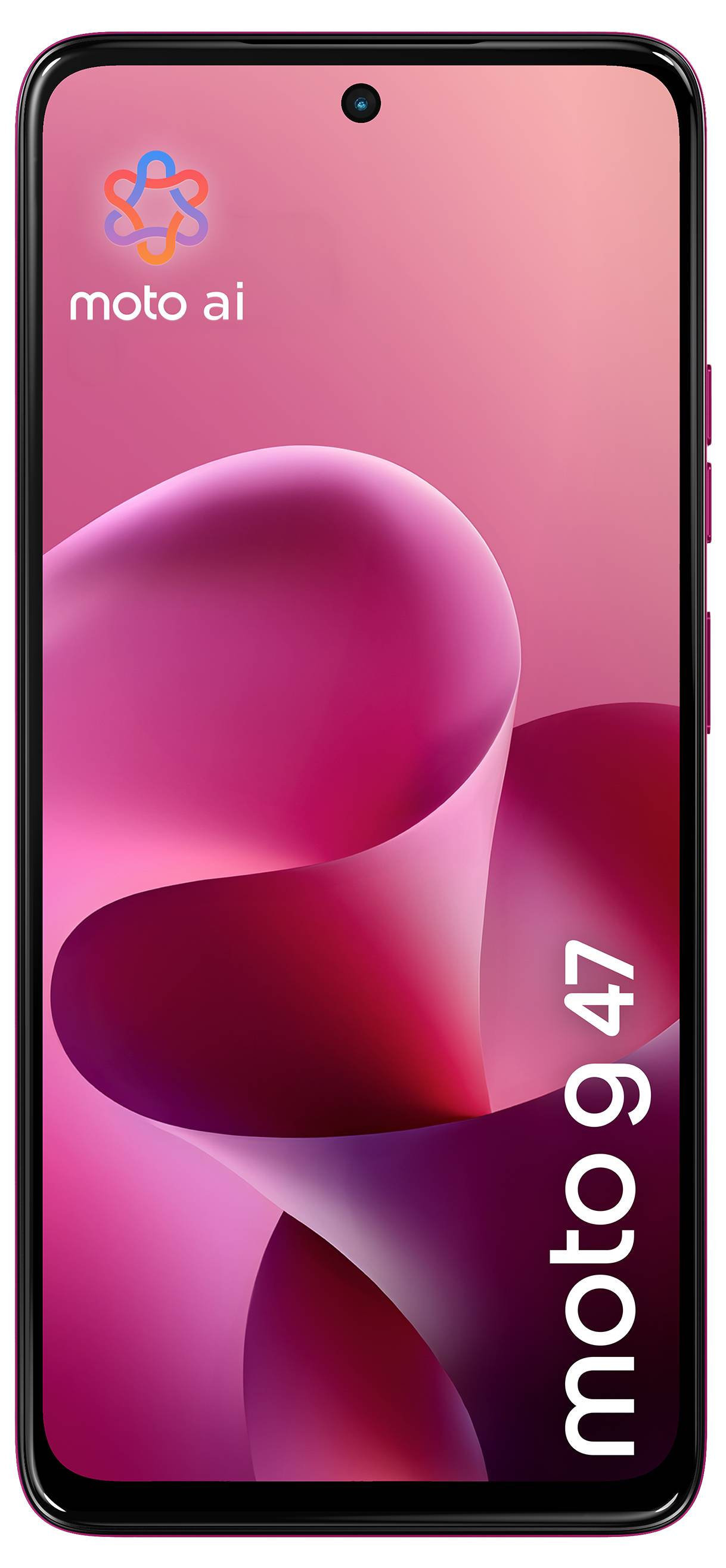 Smartphone-produktbild som visar en Motorola "moto ai"-telefon med rosa abstrakt bakgrundsbild och den vertikala texten "moto g 47" på skärmen.