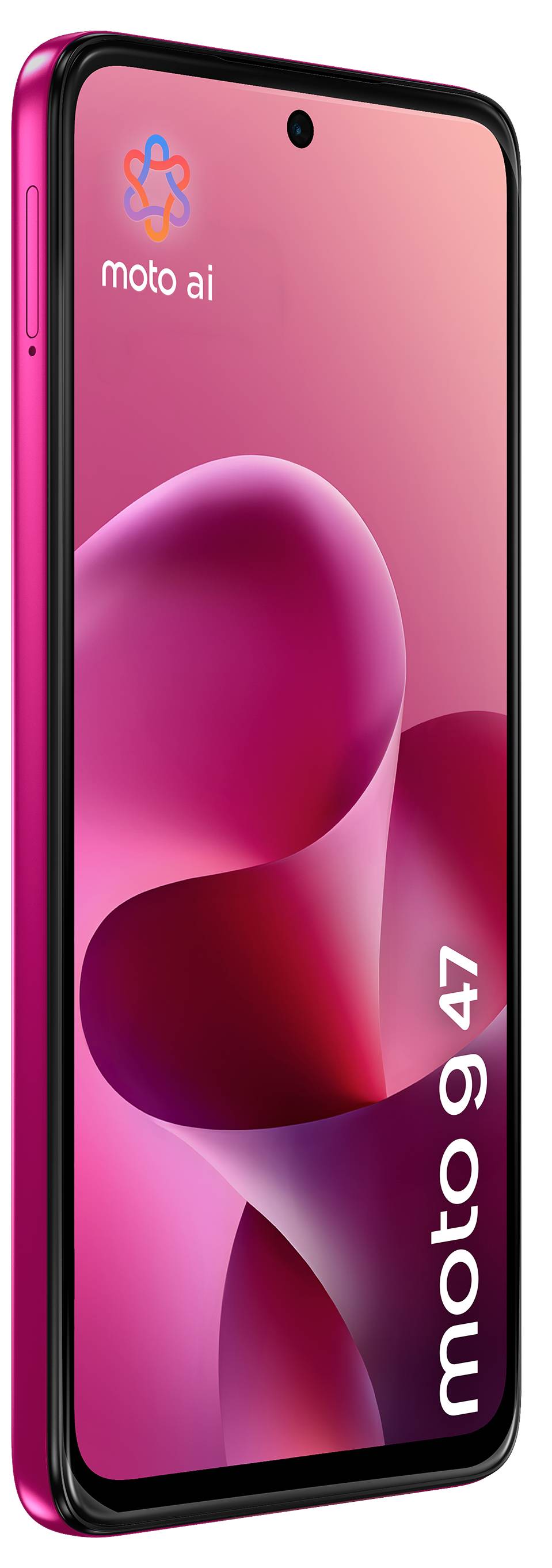Rosa Motorola Moto AI-smartphone visad i vinkel, med en fullskärms abstrakt rosa bakgrundsbild och "moto g 47"-märkning längs den nedre högra kanten.