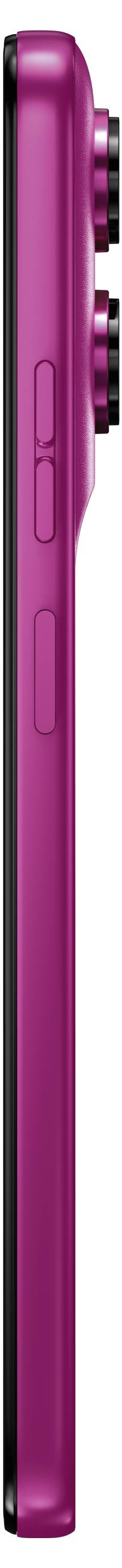 Sidovy av en rosa smartphone som visar den smala profilen, sidoknappen och den upphöjda kamerabumpen nära toppen.