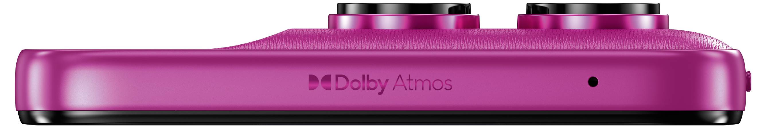 Närbild av en rosa Dolby Atmos-enhet med två rattar på toppen och en liten indikatorlampa på framsidan.