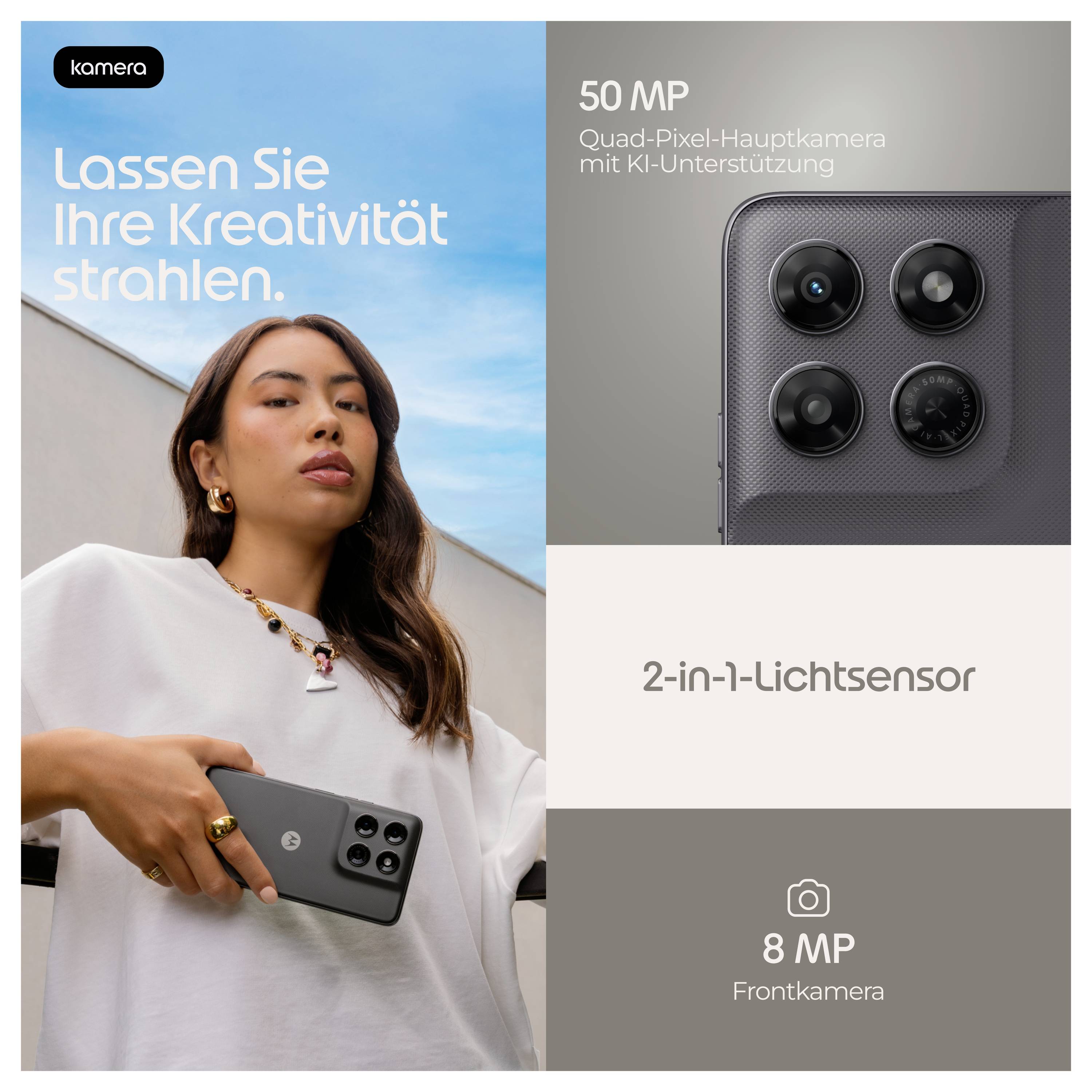 Reklamfilm för smartphone som visar en kvinna som håller telefonen, med tysk text som framhäver "50 MP" huvudkamera, "2-i-1-ljussensor" och "8 MP" frontkamera.