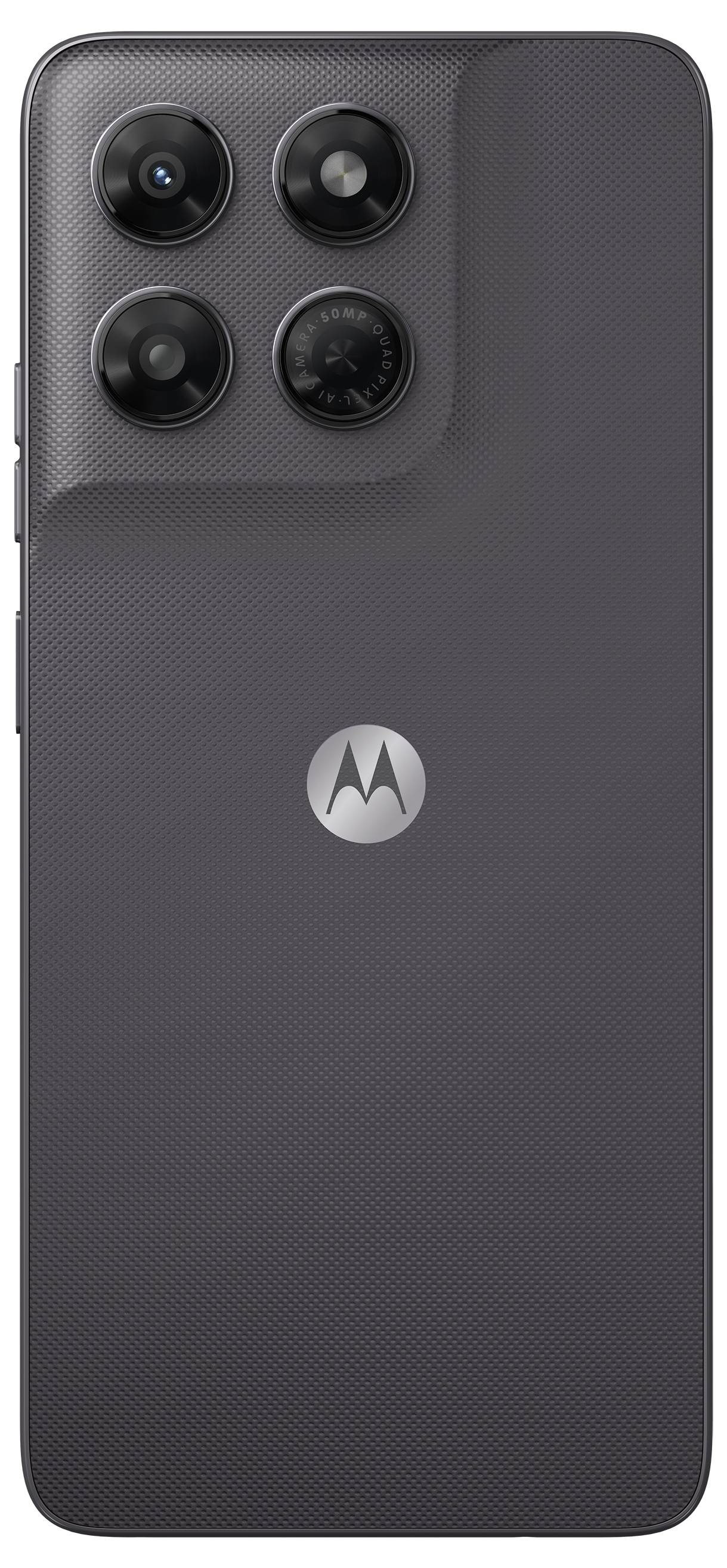 Bakvy av en mörkgrå Motorola-smartphone med fyra bakre kamerallinser i en kvadratisk modul och Motorola-logotyp centrerad på baksidan.