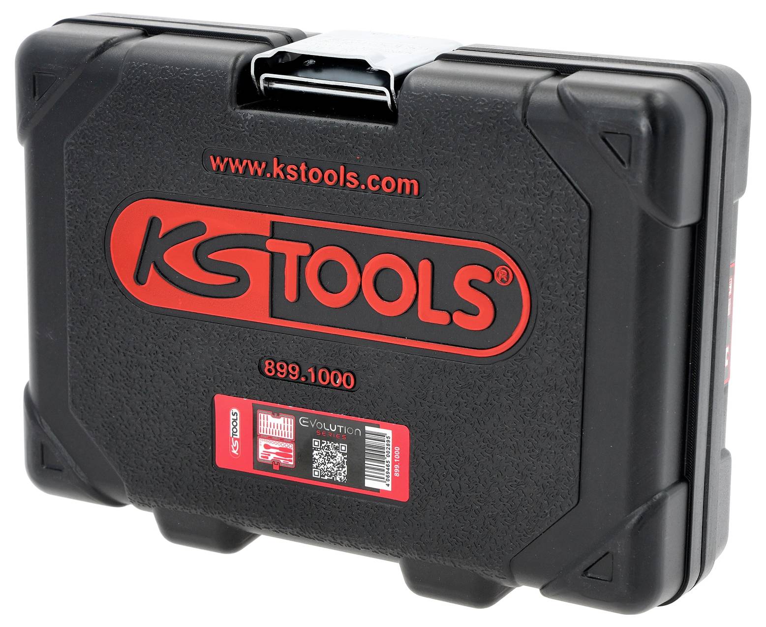 Svart KSTOOLS-fodral av hårt plast med röd logotyp och webbplats, modell 899.1000, visad stängd på vit bakgrund