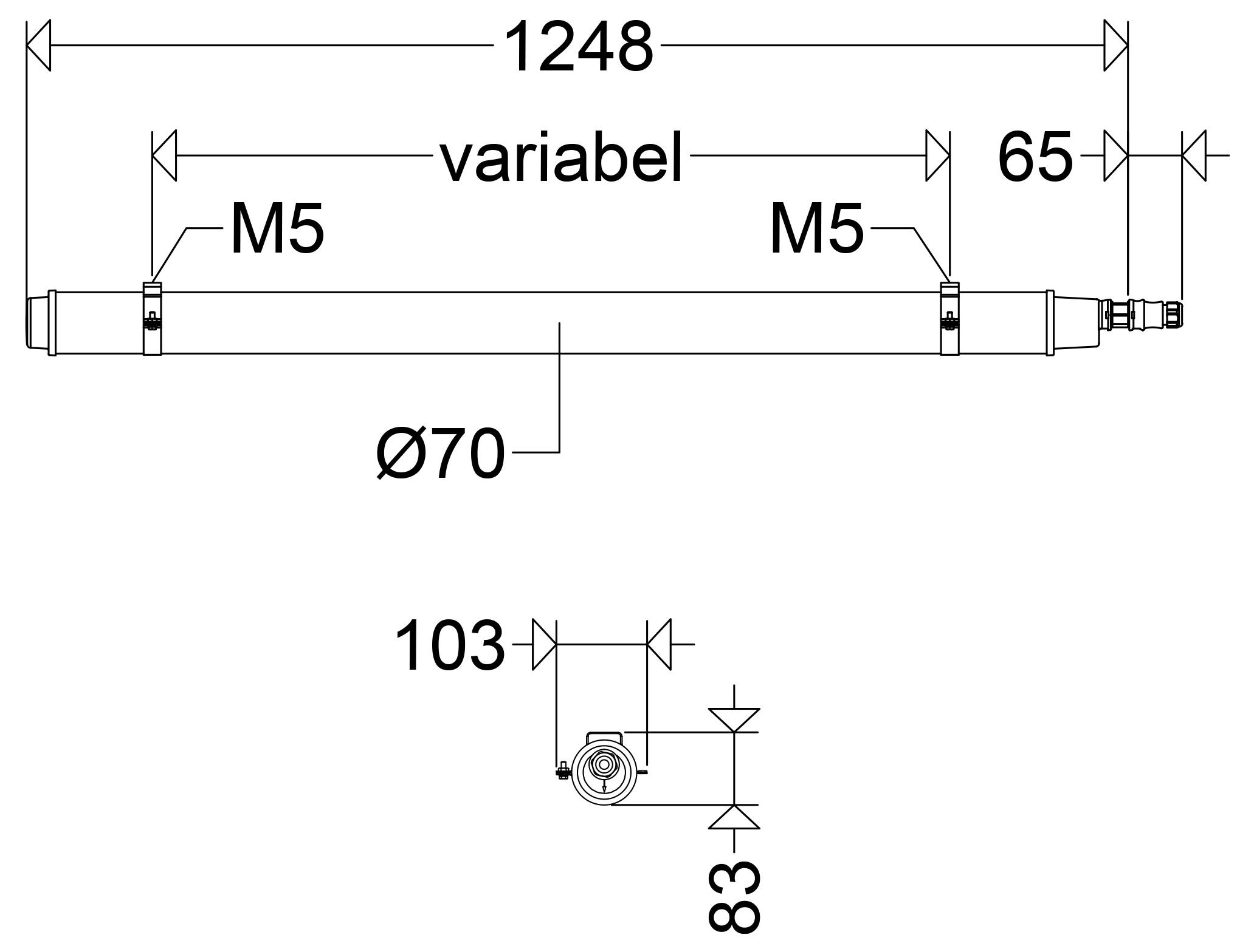 Teknisk dimensionering av en cylindrisk komponent: total längd 1248 mm, variabel sektion, M5-montering i båda ändar, Ø70 diameter och slutdetalj dimensioner 103 och 83 mm.