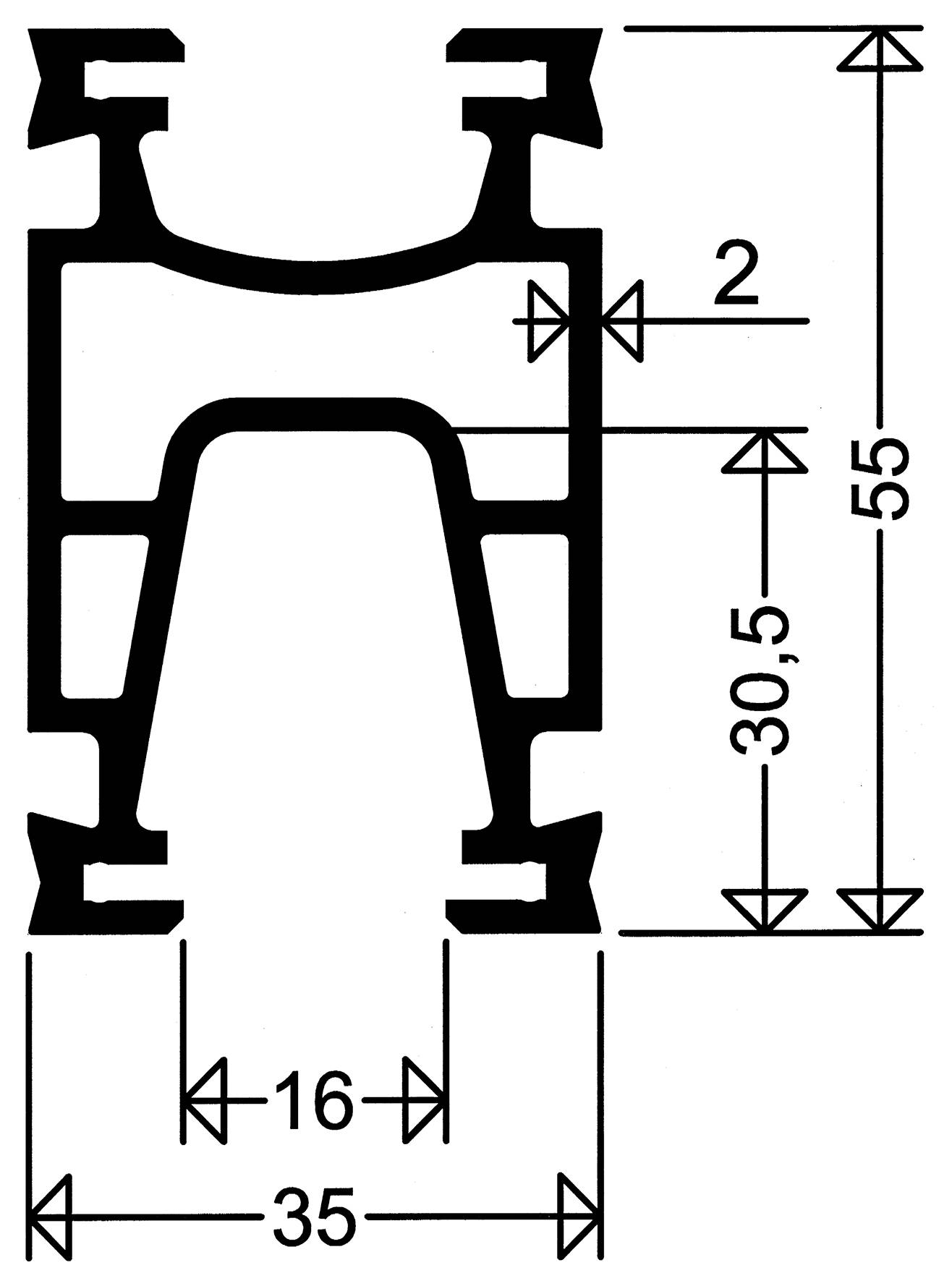 Tvärsnittskisma över en gummitätningsprofil med märkta dimensioner: 35 mm bred, 55 mm hög, 30,5 mm internhöjd och 2 mm sidtjocklek.