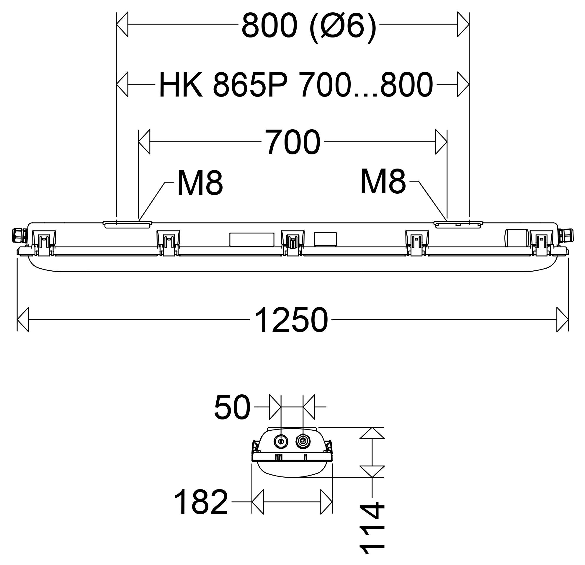Teknisk ritning av en långsträckt rektangulär montering med monteringspunkter, som visar dimensionerna 1250 mm total längd, 800 mm spännvidd, 700 mm mellanrum, M8-monteringar och ändvyn 182 x 114 mm.