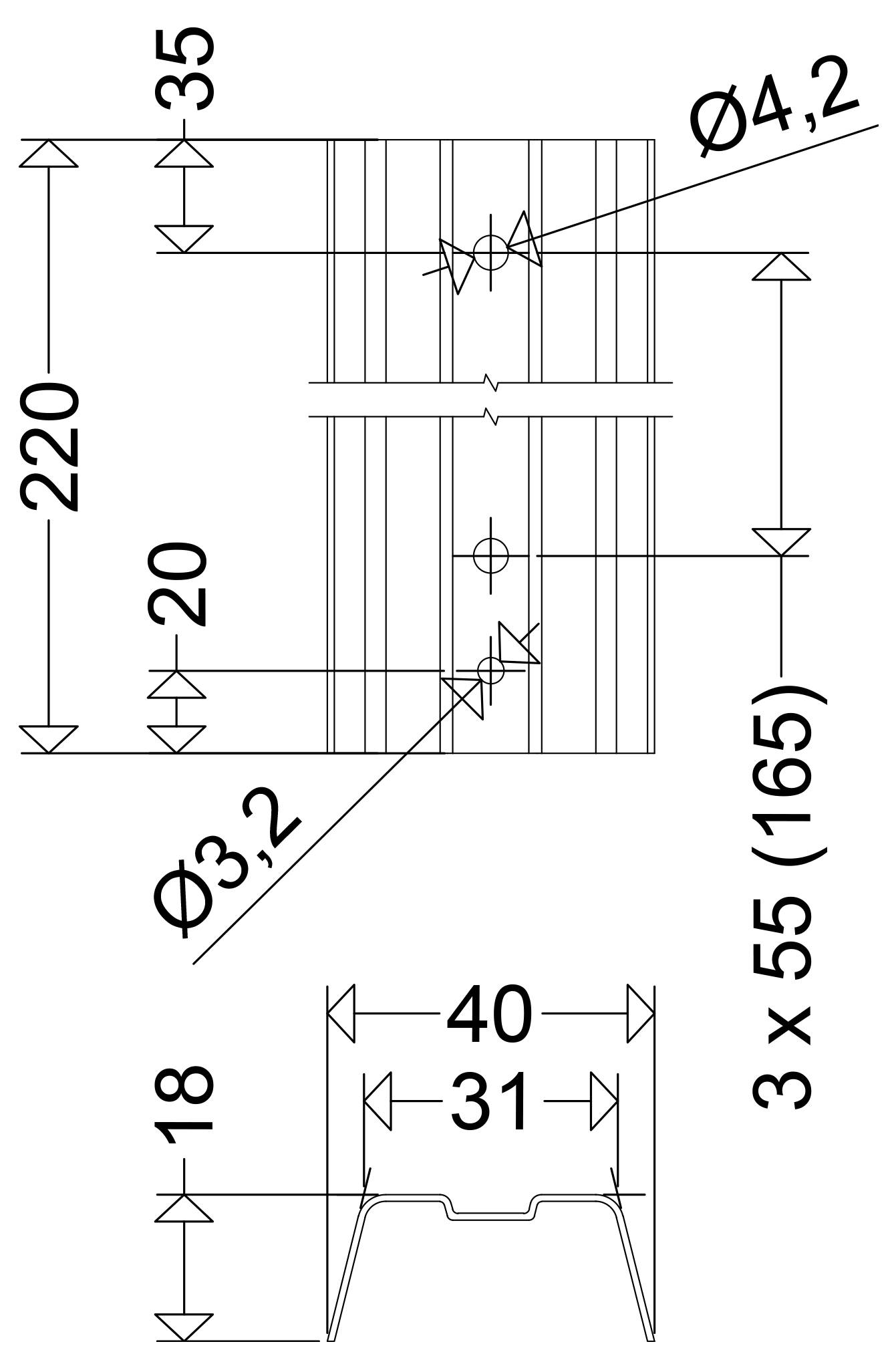 Teknisk ritning av en metalldetalj med dimensioner: total höjd 220, bredd 40, sektionsdjup 31, tjocklek 18, och håldimensioner Ø4,2 och Ø3,2; anmärkning 3 x 55 (165).