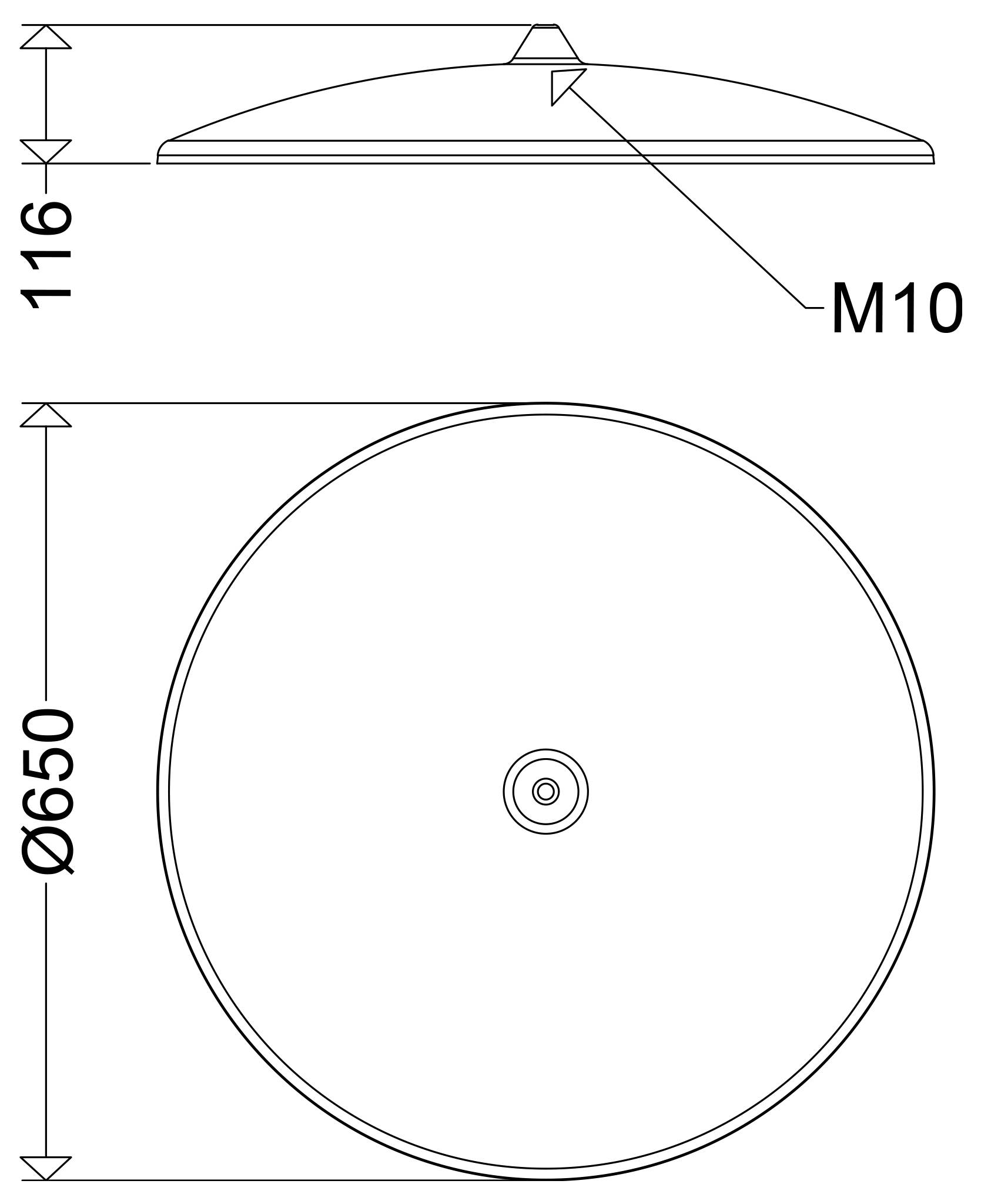 Teknisk ritning av en rund skiva: sidovy visar 116 mm höjd och M10 monteringspunkt; toppvy visar 650 mm diameter med ett centralt hål.