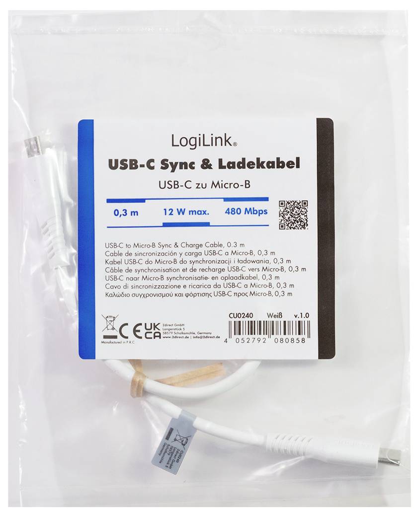 Paket med en LogiLink USB-C till Micro-B synk- och laddningskabel, märkt 0,3 m, max 12 W, 480 Mbps.