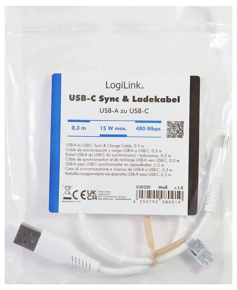 LogiLink USB-C synk- och laddningskabel i förpackning, märkt USB-A till USB-C, 0,3 m, max 15 W, 480 Mbps.