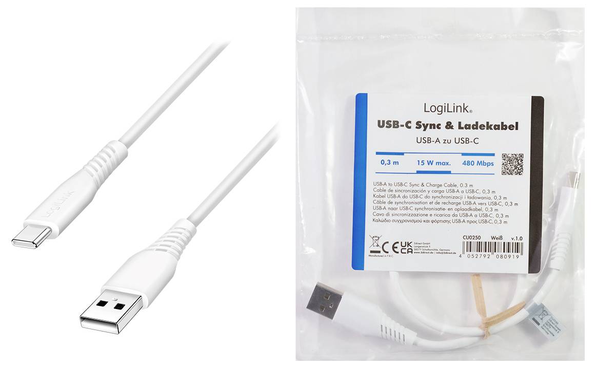 Förpackad LogiLink USB-C synk- och laddningskabel, USB-A till USB-C, 1,5 m, max 15 W, 480 Mbps, i en genomskinlig plastpåse.