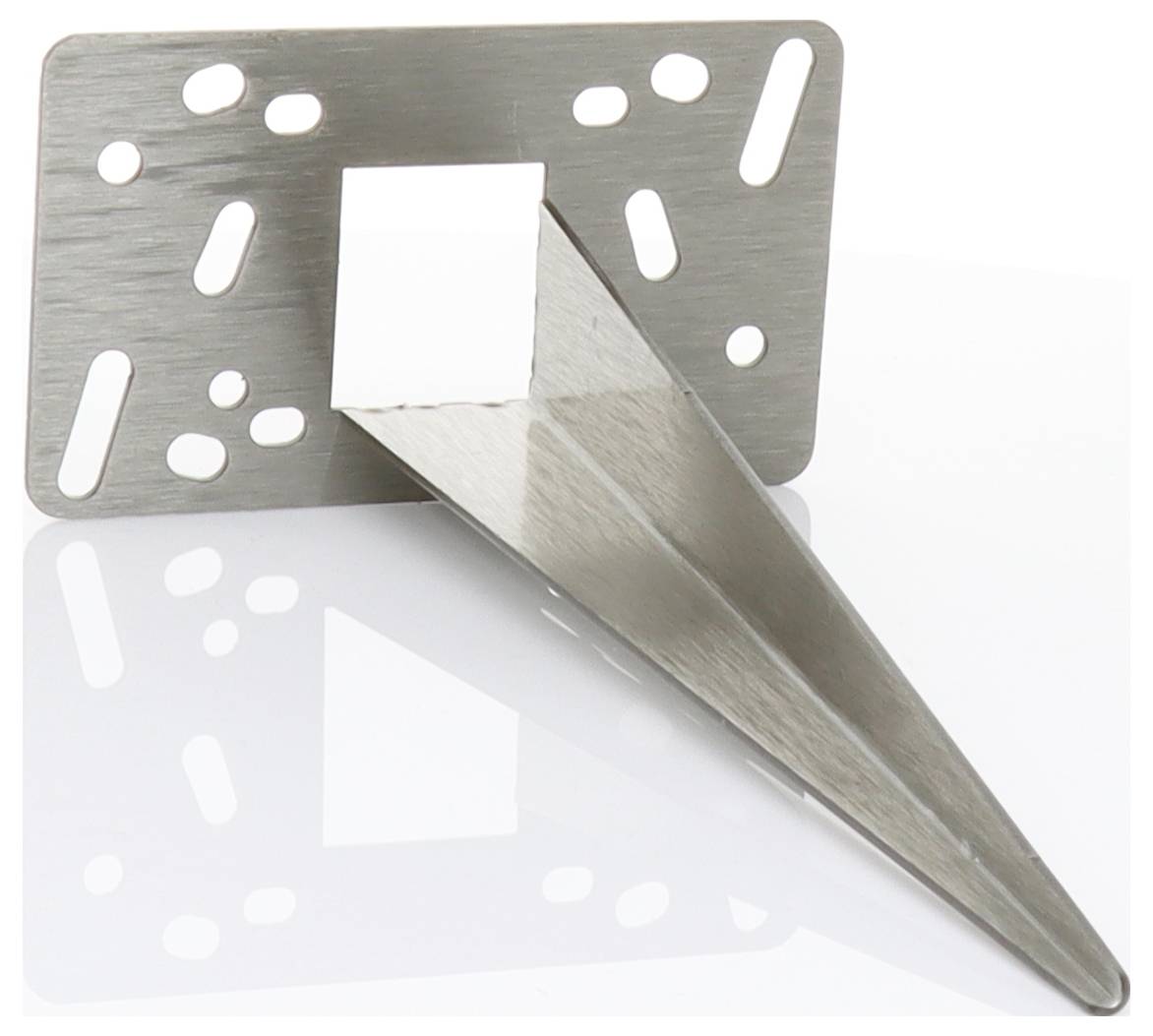 Metallankare för vägg med kvadratisk mittöppning och spetsig konisk vinge, visad på vit bakgrund.