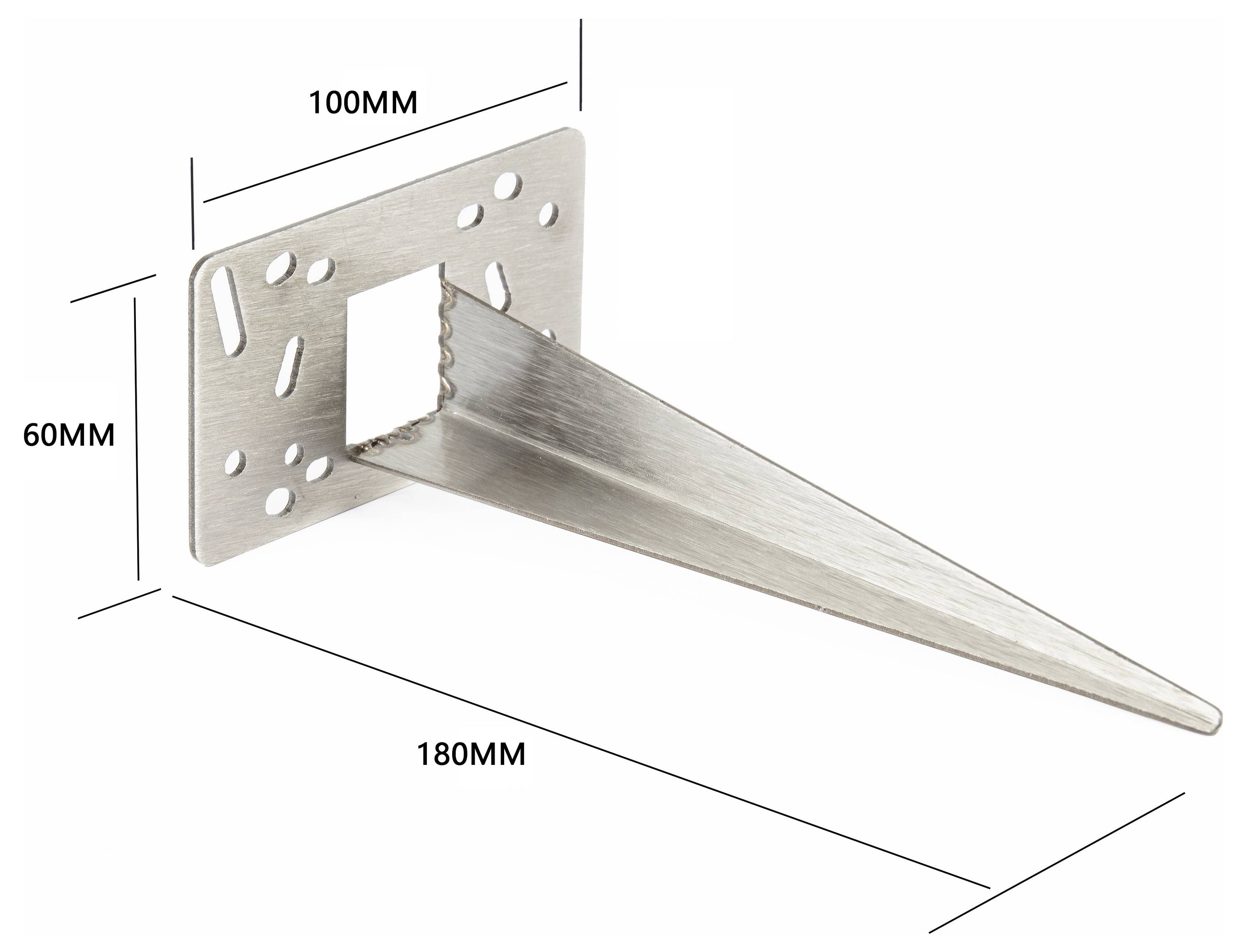Metallväggbeslag med en konisk spik, visad med dimensioner 100 mm bred, 60 mm hög och 180 mm lång.