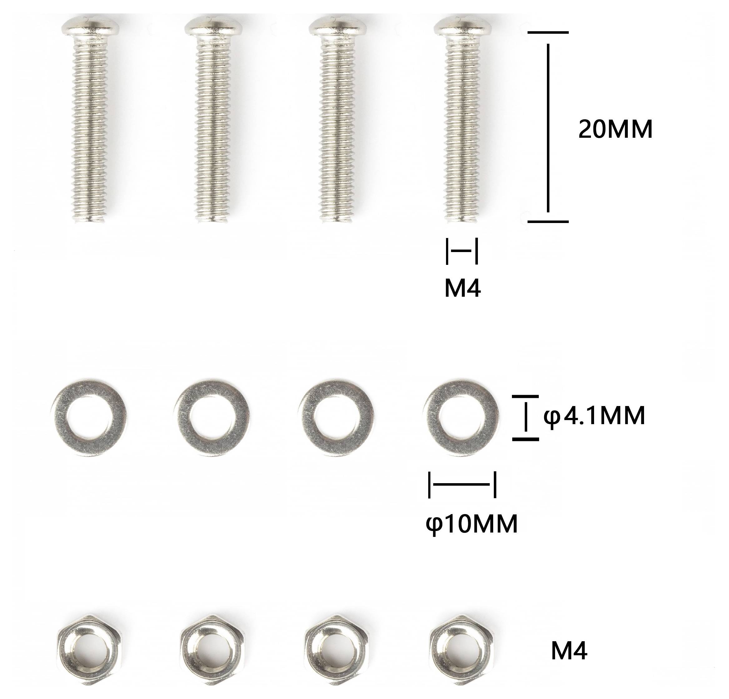 M4 maskinvareuppsättning med fyra 20 mm skruvar, fyra brickor och fyra muttrar; brickor märkta med 4,1 mm innerdiameter och 10 mm ytterdiameter.