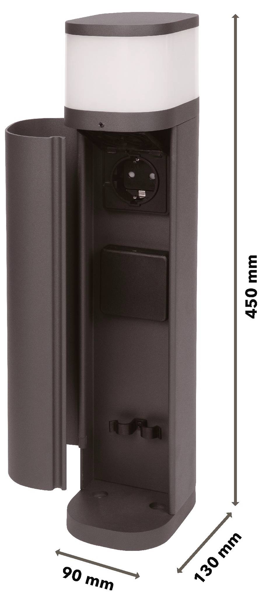 Produktbild av en hög svart-och-silverfärgad cylindrisk enhet med en öppen sidokompartment, visad med dimensioner 450 mm hög, 90 mm bred och 130 mm djup.