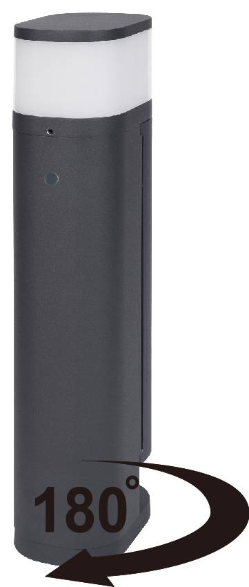 Mörkgrå cylindrisk enhet med ett ljust lock och en "180°"-pil som indikerar att den roterar 180 grader.
