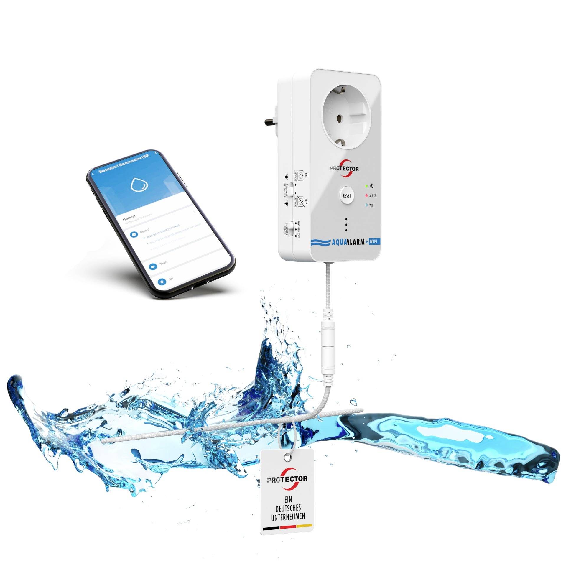 Smart plug vattenleckskydd visas med en telefonapp, en väggkontaktanordning och en sensorsond i stänkande vatten