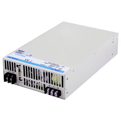 Industriell strömförsörjningsenhet i silver med ventilerad frontpanel, AC-ingångsterminaler och röda/svarta DC-utgångsanslutningar.