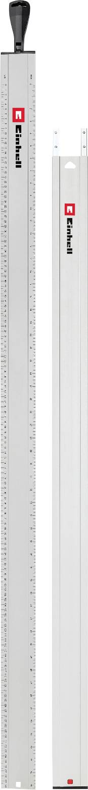 Två vertikala aluminiumskärguideskenor med mätmarkeringar, en högre med ett svart handtag, visade sida vid sida på vit bakgrund.