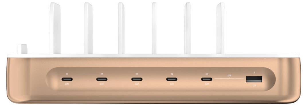 Kopparfärgad Wi-Fi-router med sex vita antenner och statuslampor på framsidan plus en USB-port.