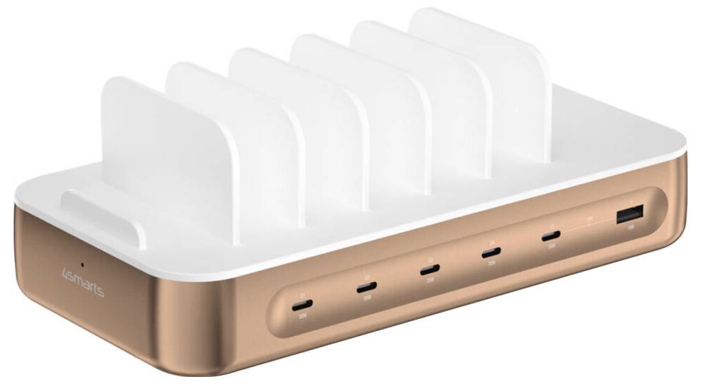 Vit och roséguld skrivbordsladdare med sex vertikala platser och främre USB-C- och USB-A-portar för laddning av flera enheter.