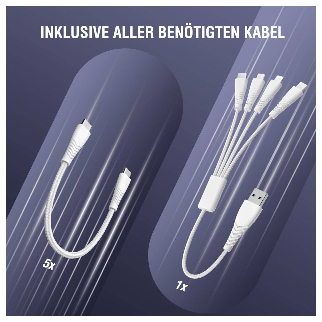 Marknadsföringsgrafik som visar inkluderade kablar: 5 små laddningslindar på vänster sida och 1 multi-anslutnings USB-kabel på höger sida, med tysk text "INKLUSIVE ALLER BENÖTIGTEN KABEL".