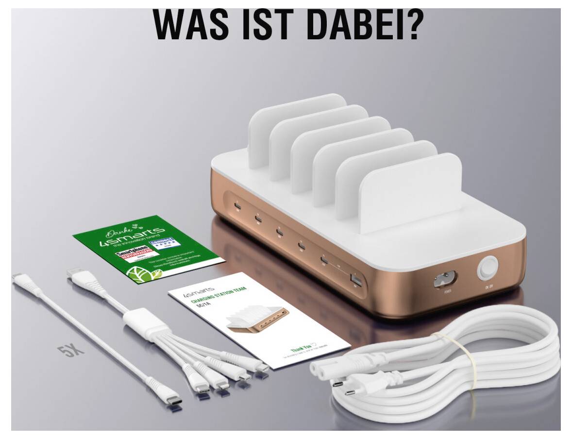 Kampanjbild av en kompakt vit-och-kopparfärgad multikontakt-laddningsdocka med fem kabelorganisatörer, USB-kablar och tryckt produktkort under den tyska rubriken 'VAD INGÅR?'