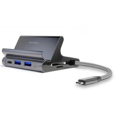 Kompakt grå USB-C-hubb med två USB-A-portar, USB-C-port och flätat kabel fäst, visad på vit bakgrund.