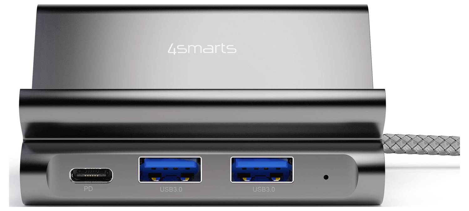 Närbild av en 4Smarts USB-C hub-dock som visar en USB-C PD-port, två USB 3.0-portar och en flätad kabelanslutning.