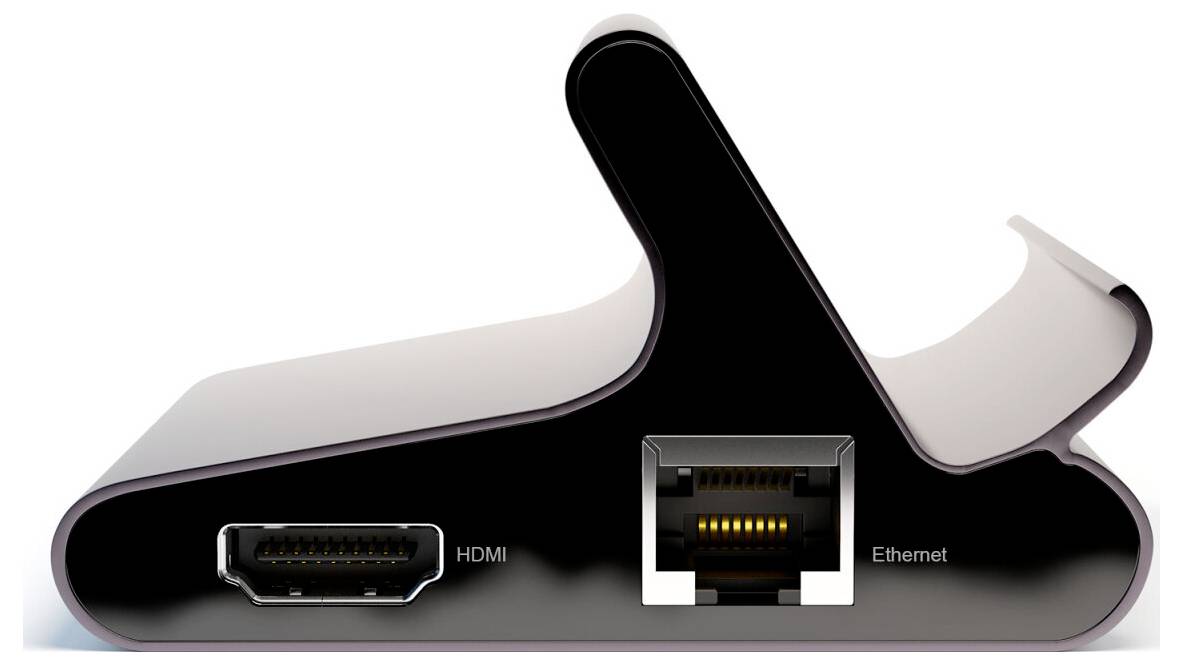 Sidovy av en svart enhet eller adapter med HDMI- och Ethernet-portar märkta på dess frontpanel.