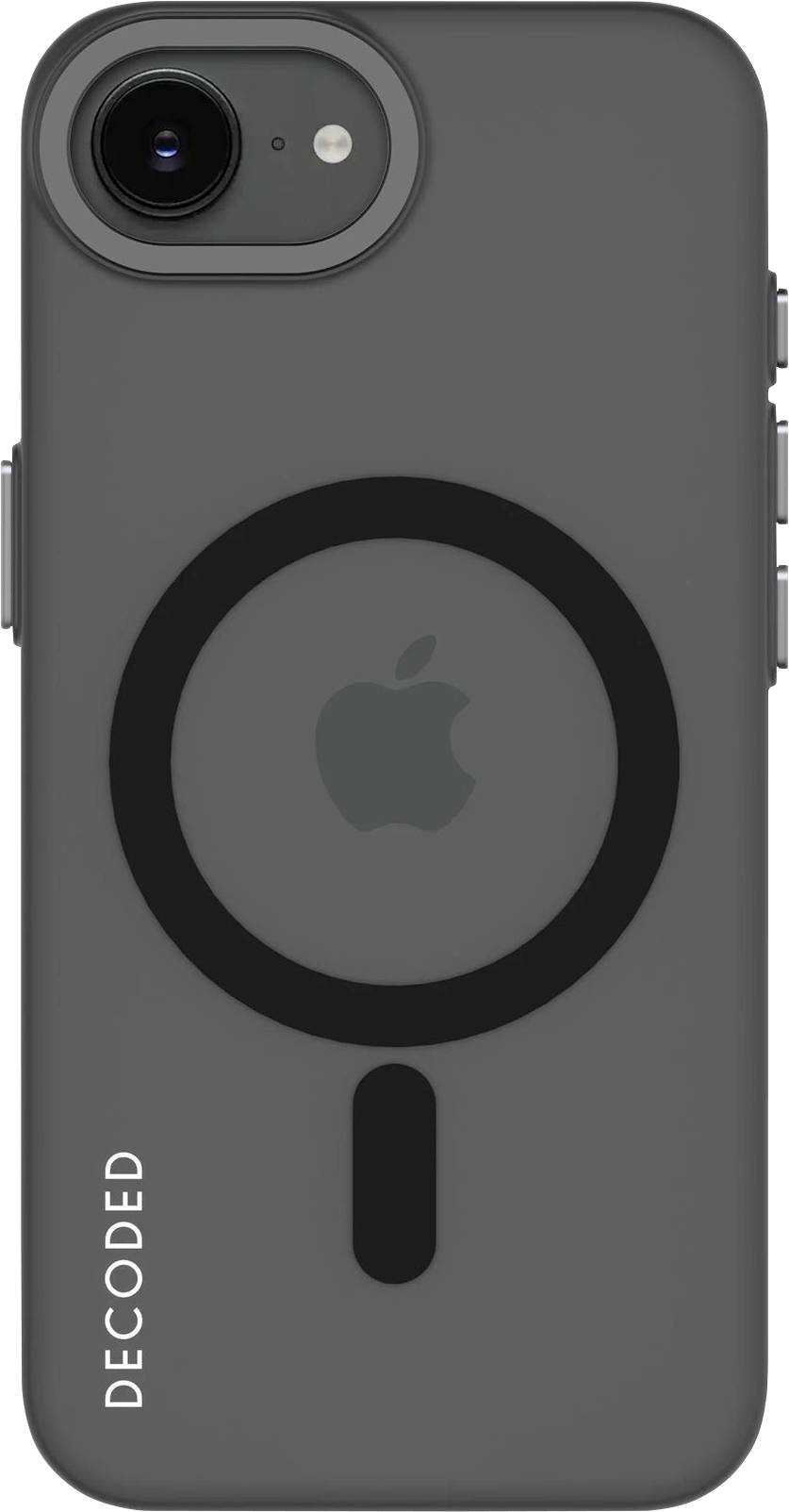 Grått iPhone-fodral med MagSafe-ring och vertikal greppspår, med "DECODED"-märkning nära nedre vänstra hörnet.