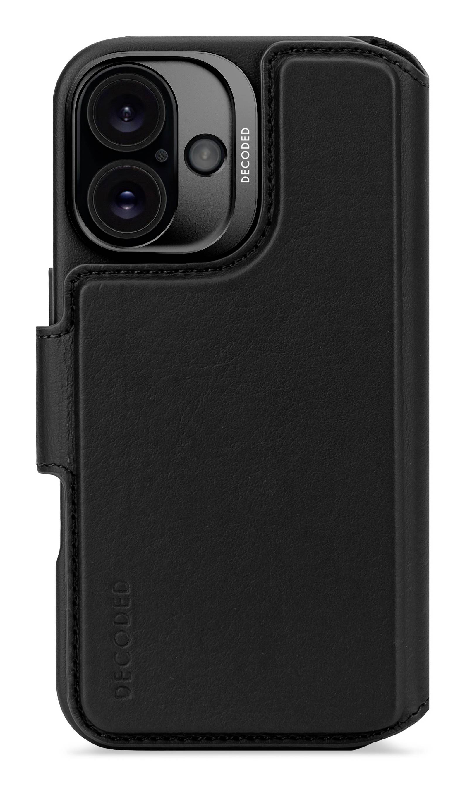 Svart lädersmartphonefodral med plånboksstil-flik och stort utsnitt för dubbla kamerallinser och blixt.