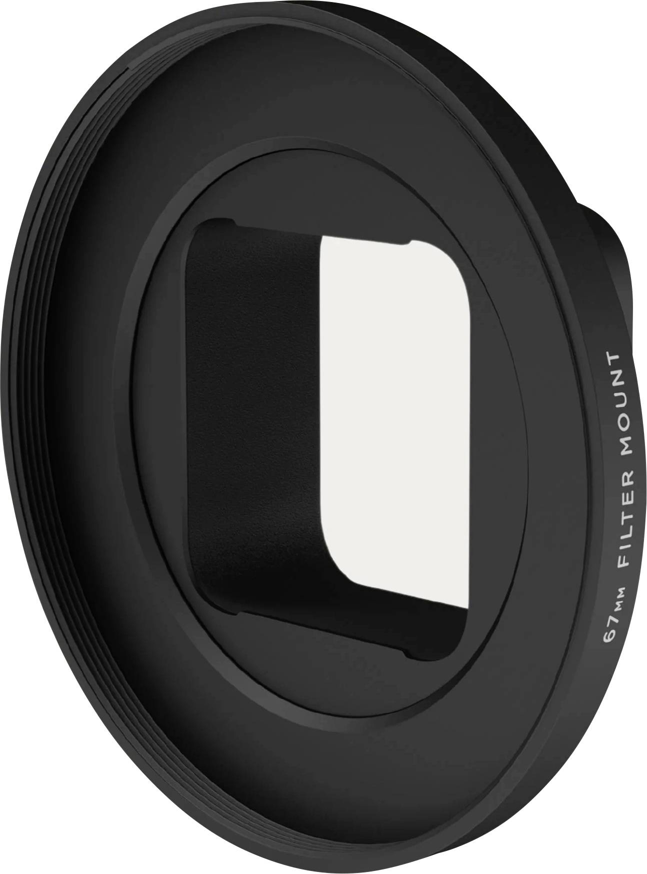 Svart 67mm filtermonterings-adapterring med kvadratisk öppning, visad på vit bakgrund.