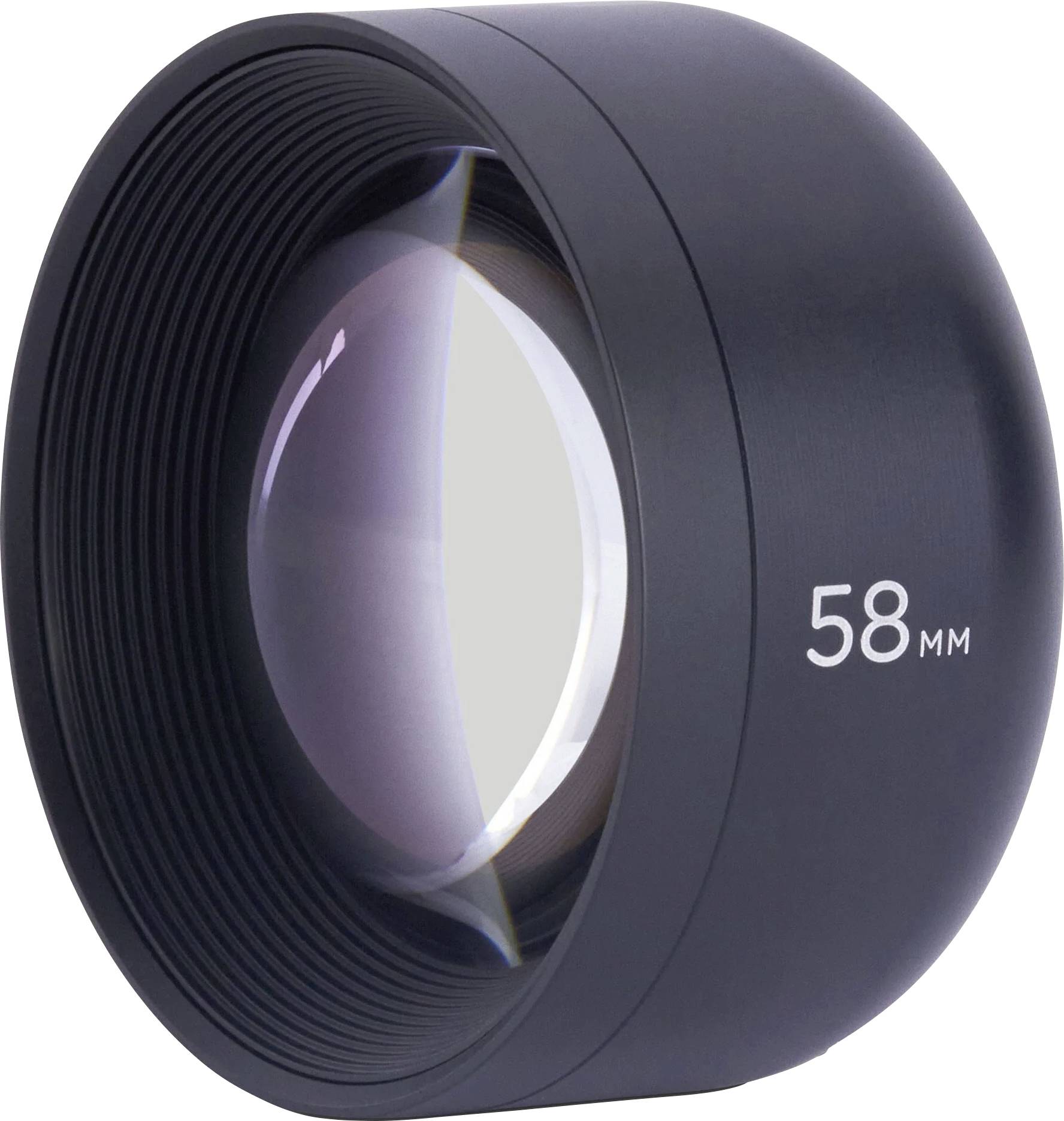 Närbild av en svart kameralinshätte eller adapter märkt 58 mm, visad mot en vit bakgrund.