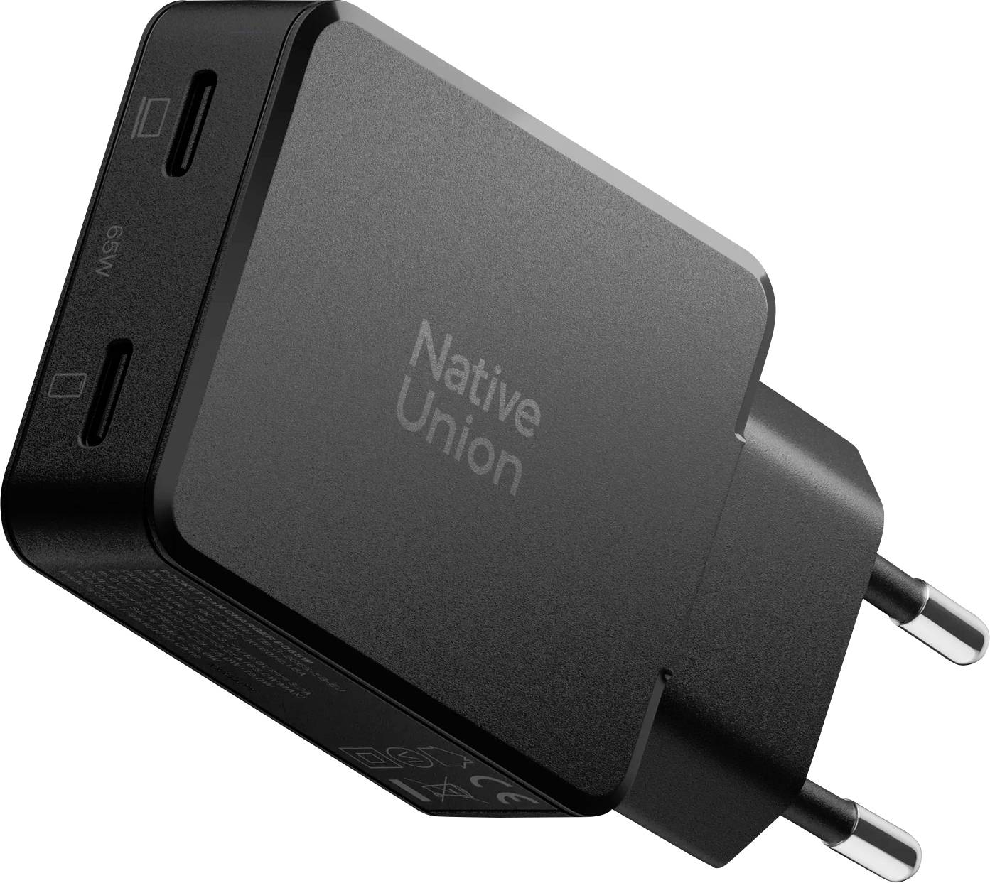 Svart Native Union USB-C väggladare med två portar och utfällbara europeiska stickpinnar.