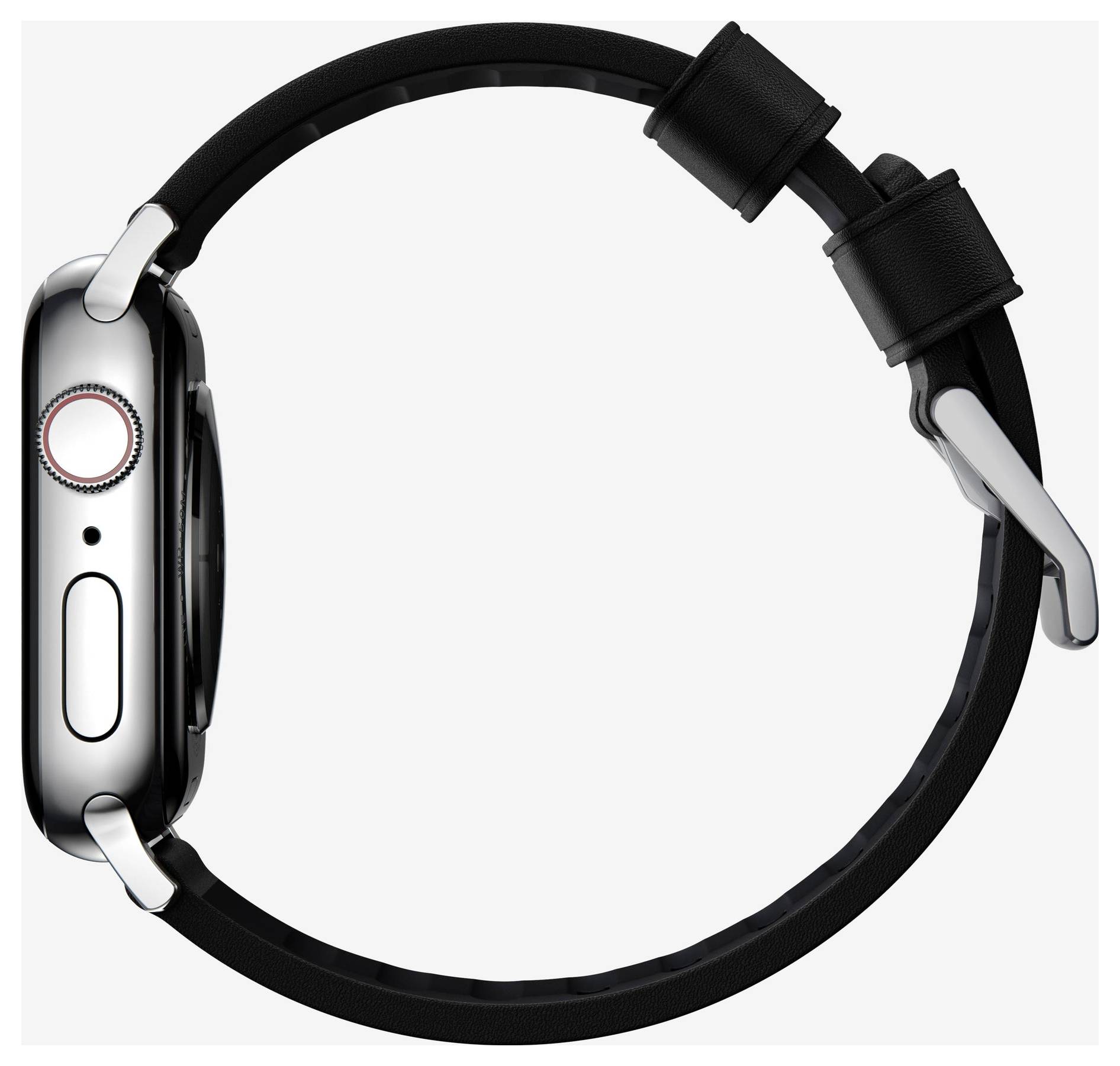 Sidovy av en svart smartwatch med silverfodral och justerbar svart armband på vit bakgrund.