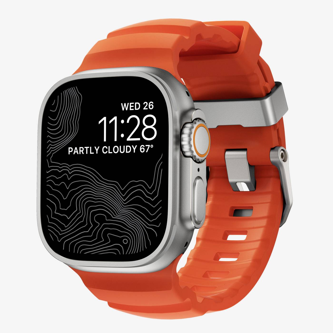 Orange Apple Watch Ultra med svart display som visar 11:28, OMS 26 och "DELVIS MOLNIGT 67°"