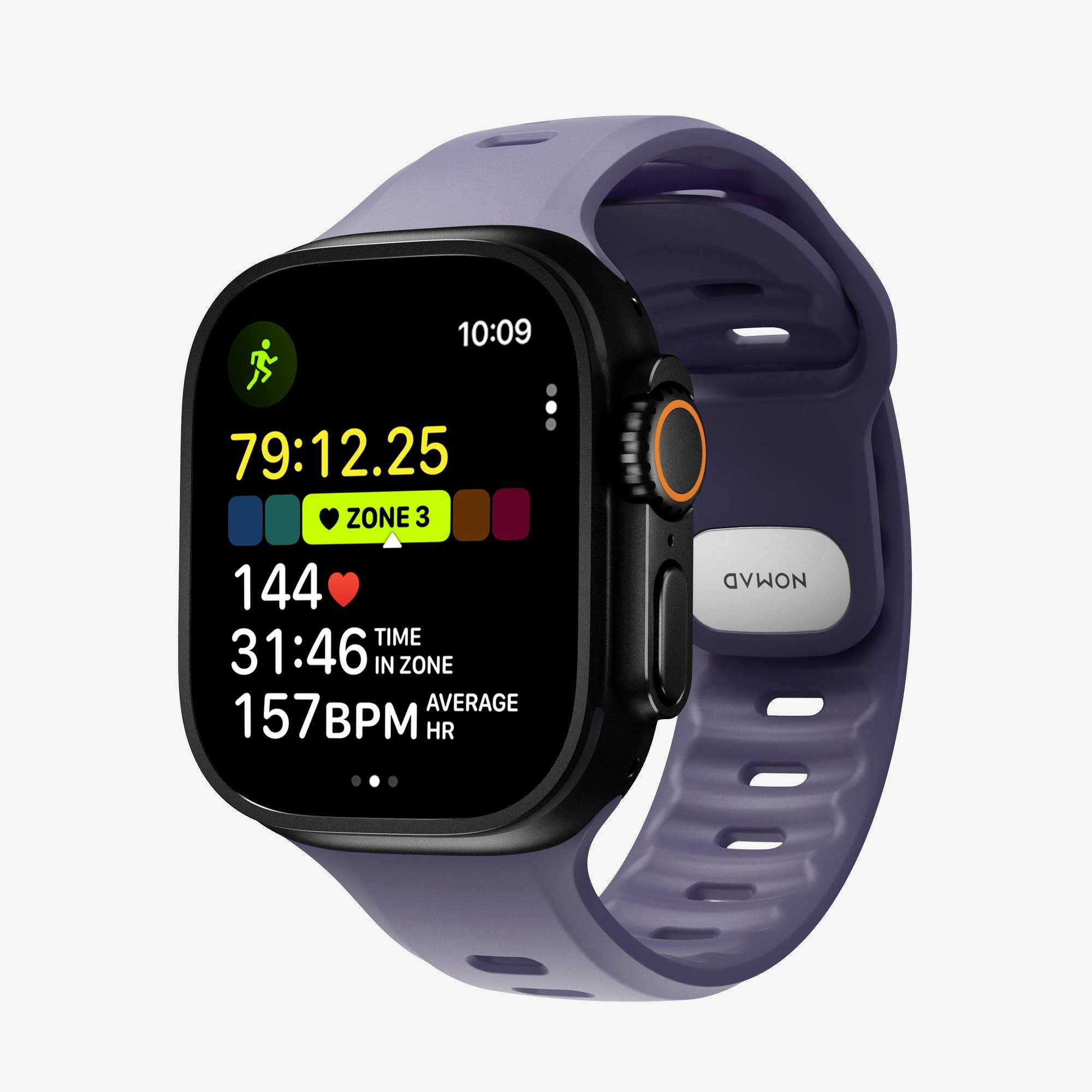 Lila smart fitness watch som visar träningsstatistik på en svart display, inklusive 79:12.25, Zone 3, 144 pulssslag och 157 BPM genomsnittlig HR.
