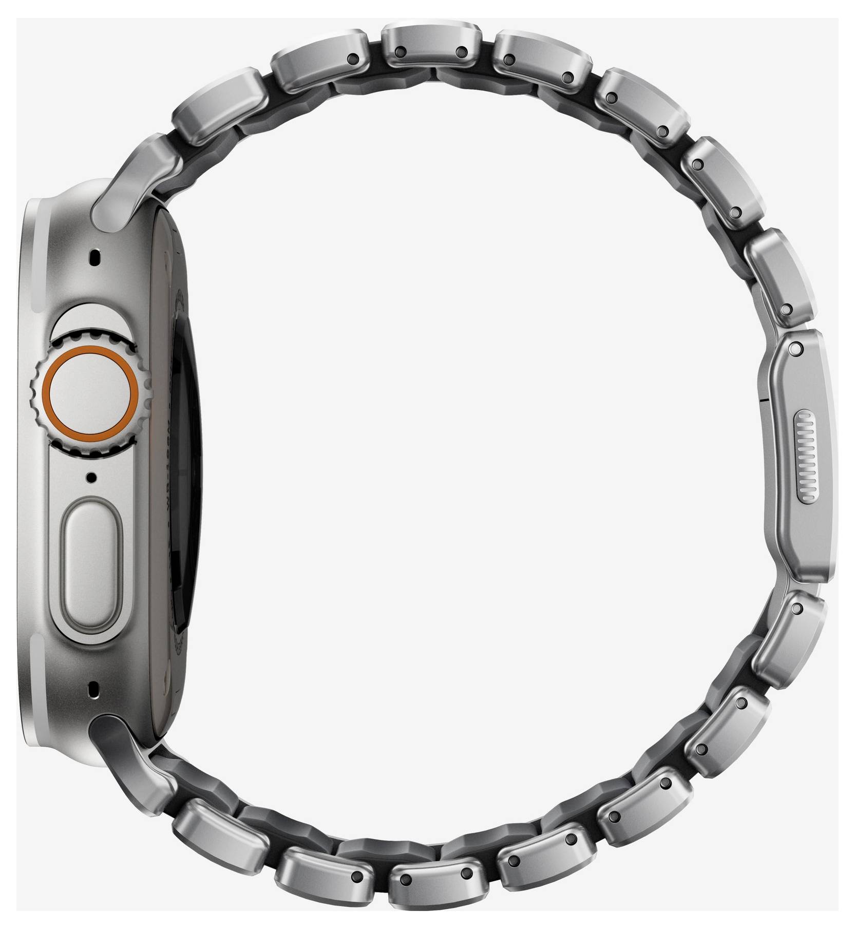 Sidovy av en silver smartwatch med metallänkarmband, som visar höljet, kronknappen och remmen på en vit bakgrund.