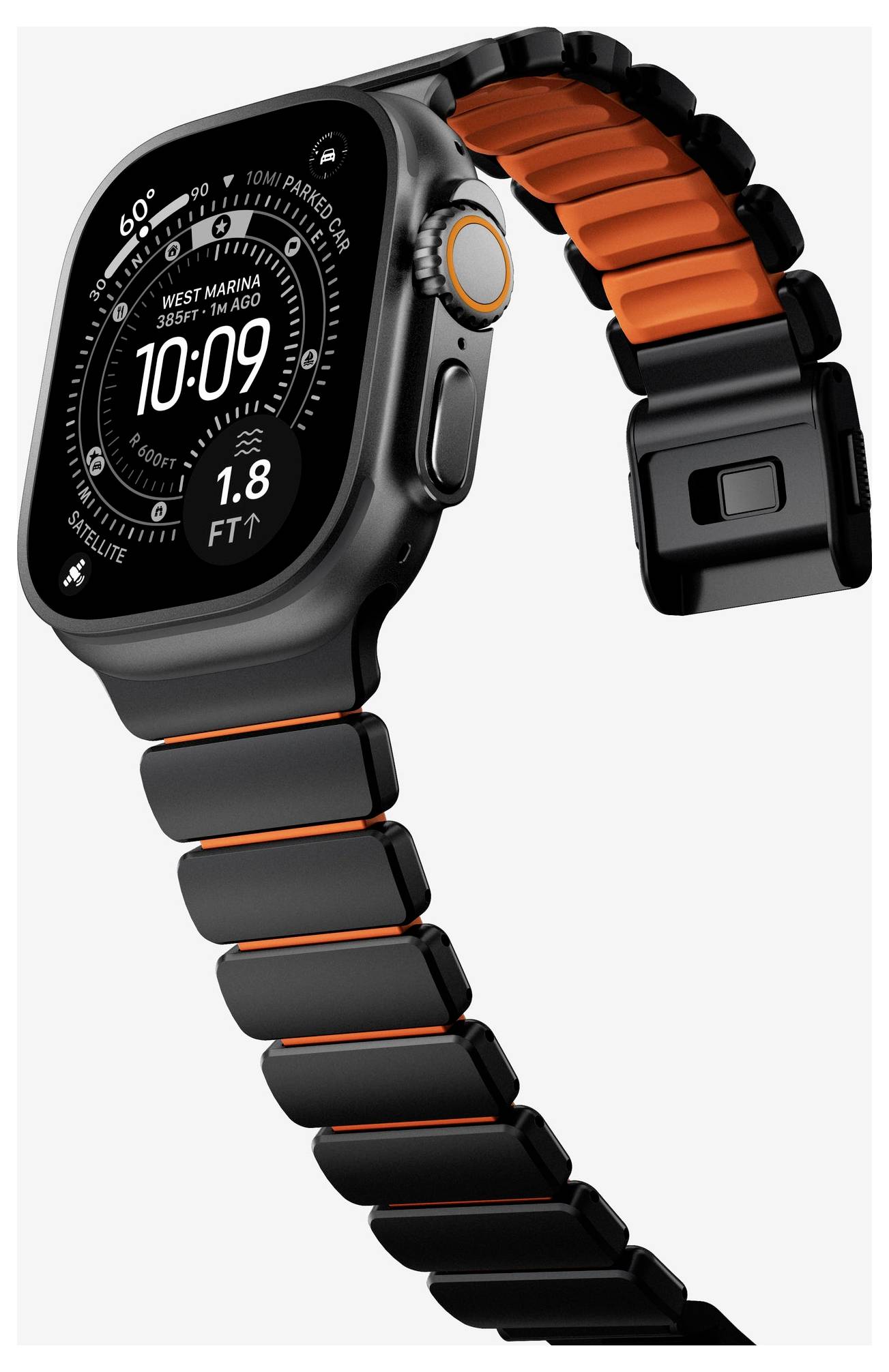 Svart smartwatch med orangefärgad band visat i en vinkel, som visar en digital klocka med tiden 10:09 och väder-/träningsdata.