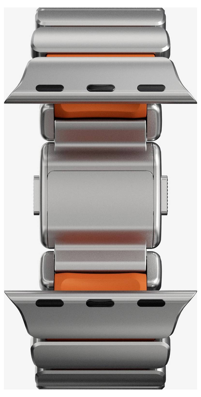 Närbild av ett silverfärgat metallarmband till klocka med orange detaljer, visad vertikalt mot en vit bakgrund.