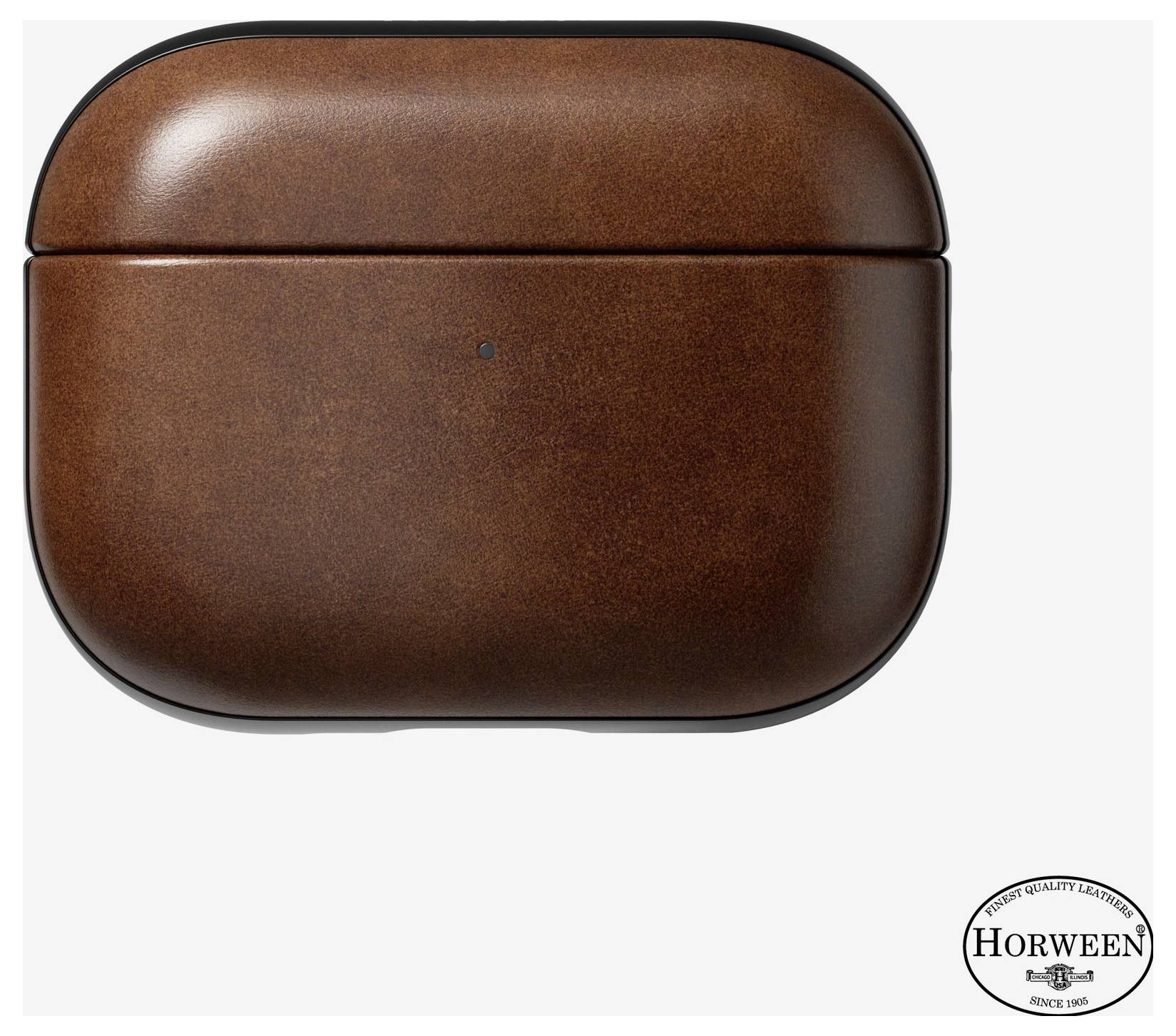 Brunt läderväskat för trådlösa öronsnäckor med en främre LED-indikator och 'HORWEEN'-logotyp i det nedre högra hörnet.