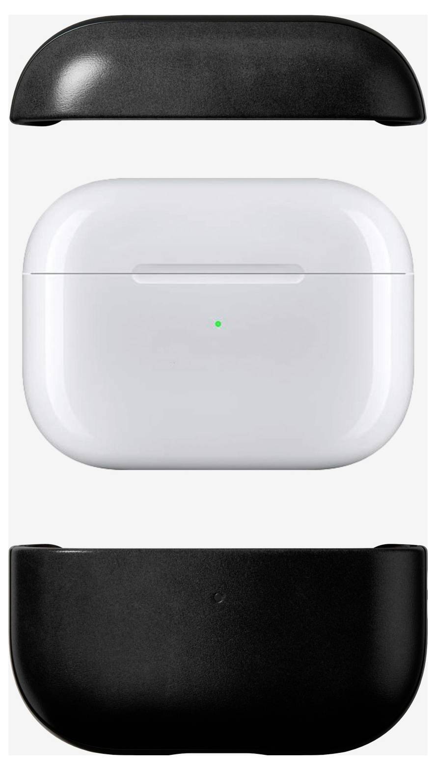 Exploderad vy av ett vitt trådlöst öronsnäckvargningsetui med svarta ytterskal visade ovan och nedan, vilket avslöjar enhetskroppen i mitten.