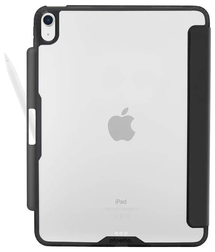 Bakvy av en silver iPad i ett svart skyddsfodral med inbyggd sidhållare, som visar Apple-logotypen och kameraöppningen.