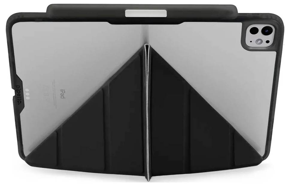 Grå iPad i ett svart vikbart trefaldigt skyddsfodral, visas stängt och står upprätt med bakkameran synlig.