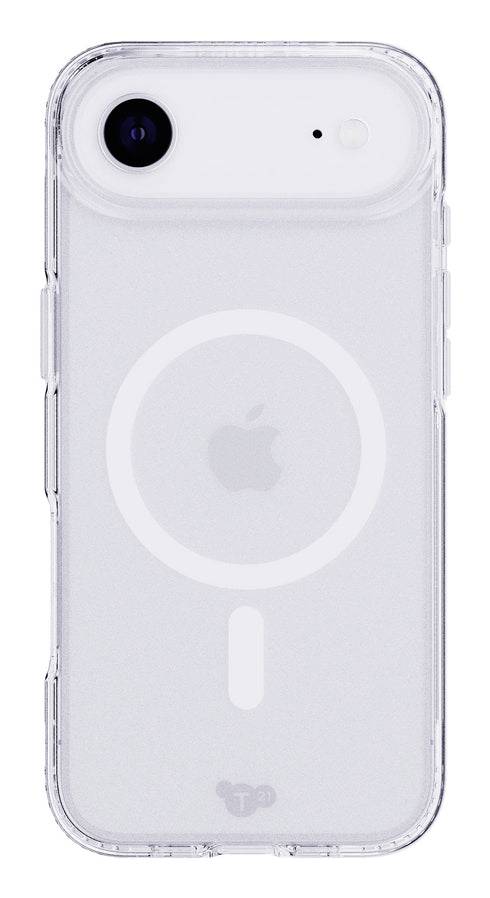 Genomskinligt iPhone-fodral med MagSafe-ring och centrerad Apple-logotyp, visad framifrån på vit bakgrund.