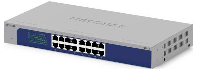 NETGEAR 16-ports Ethernet-nätverksswitch med framåtvänd statusLED och märkta RJ45-portar i ett grått metall-skrivbordshölje.