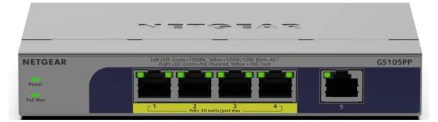 Framvy av en NETGEAR GS105PP 5-ports Gigabit Ethernet-växel med statuslysdioder och märkta LAN-portar.