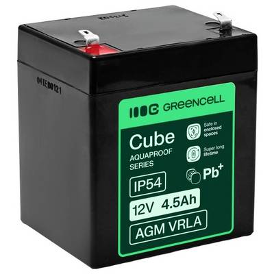 En svart Greencell Cube 12V 4,5Ah AGM VRLA-batteri med en grön främre etikett och metallklemmar på toppen.